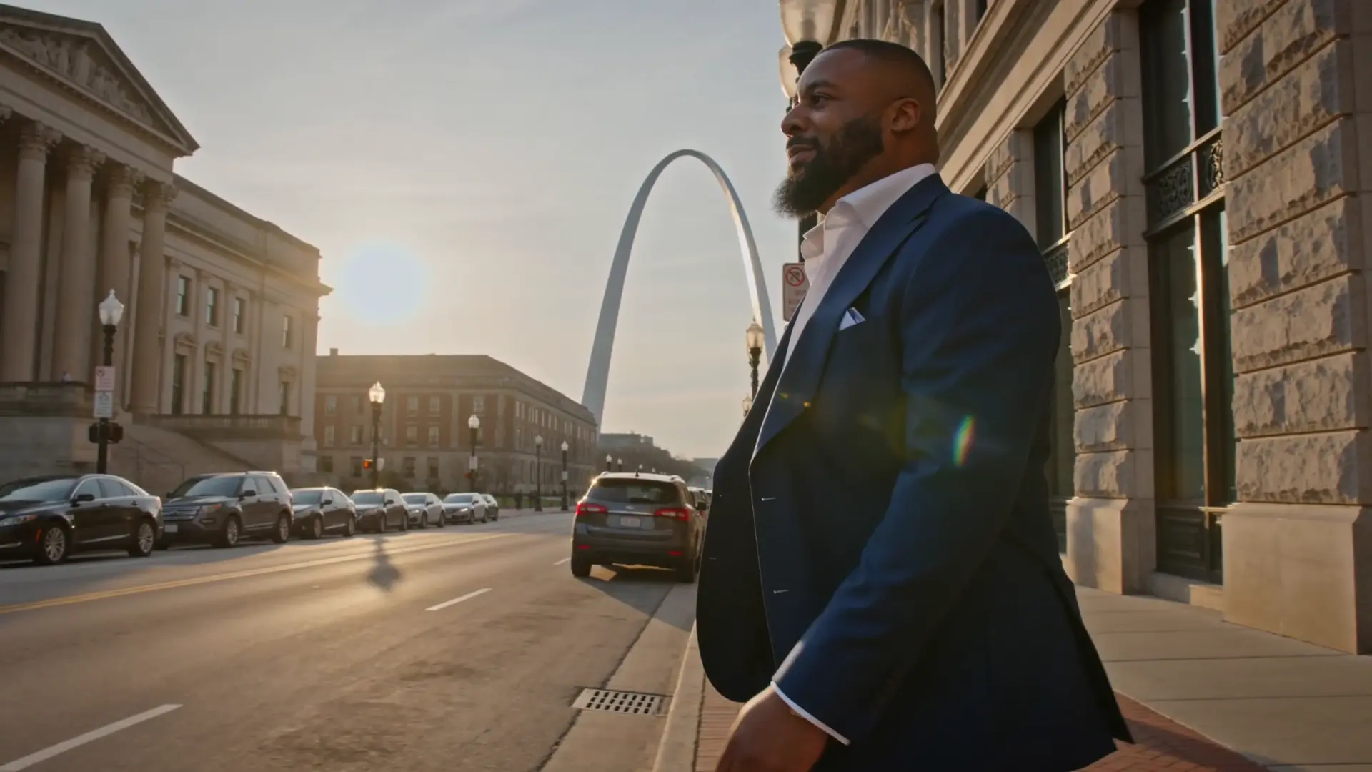 Justin Redditt walking a downtown St. Louis street at golden hour, the Gateway Arch behind him.
